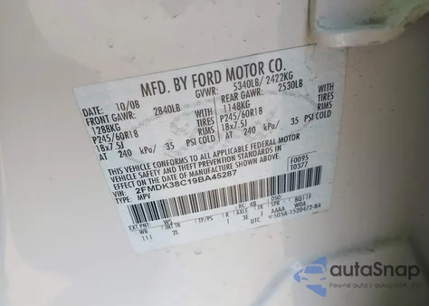2009 Ford Edge Sel from USA, damaged, VIN 2FMDK38C19BA45287